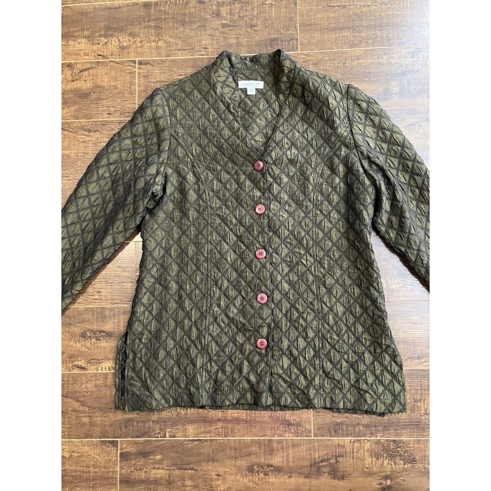 Coldwater Creek Womens Large Olive Green Textured Diamond Button Front Jacket L